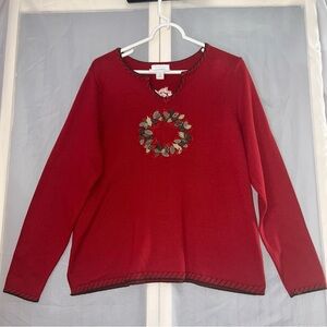 CJ Banks X Red Hand Embroidered Christmas Wreath Sweater Cotton Holiday Knit